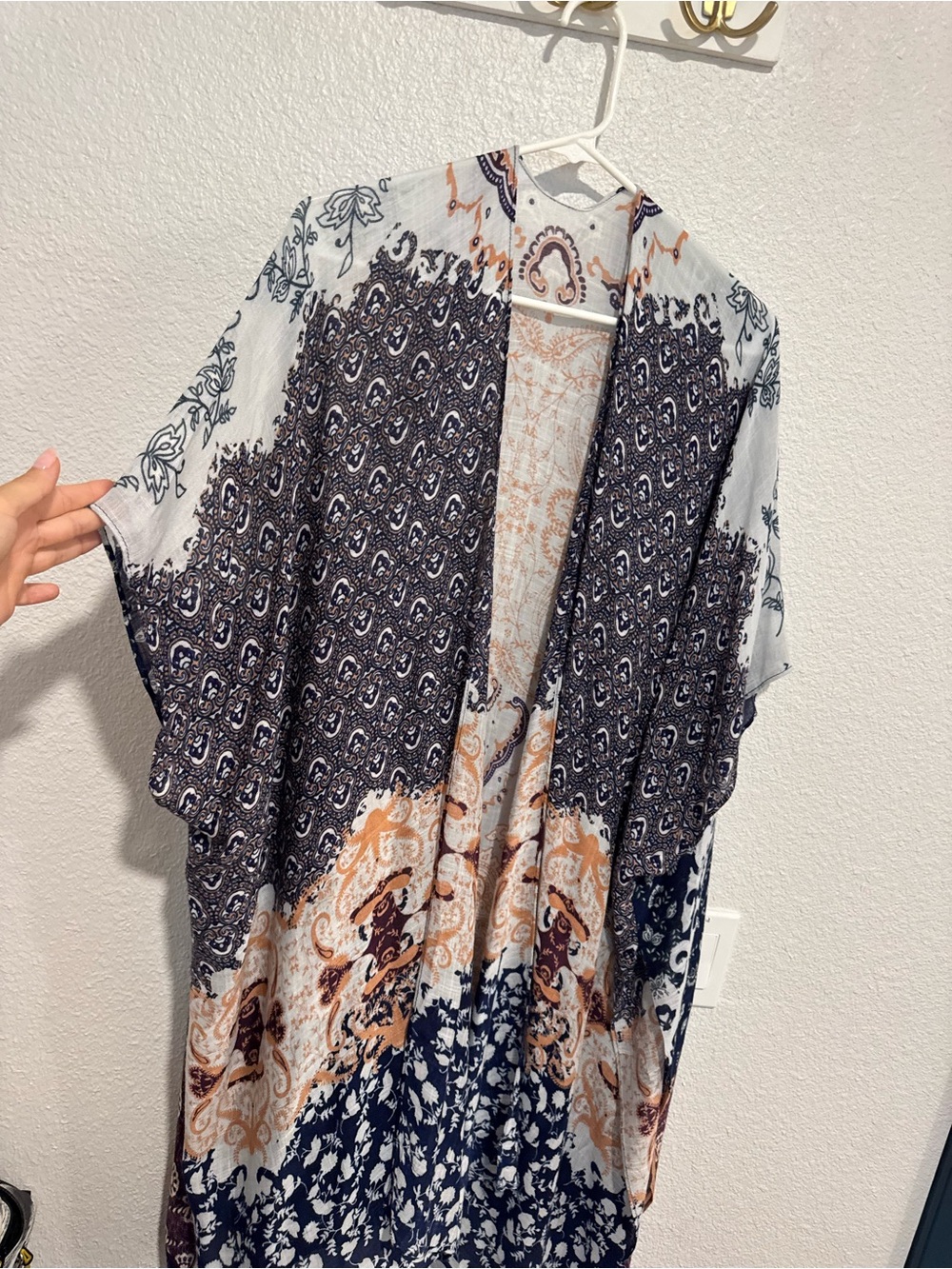 Boho Patterned Kimono Cardigan in Navy, White & Rust
